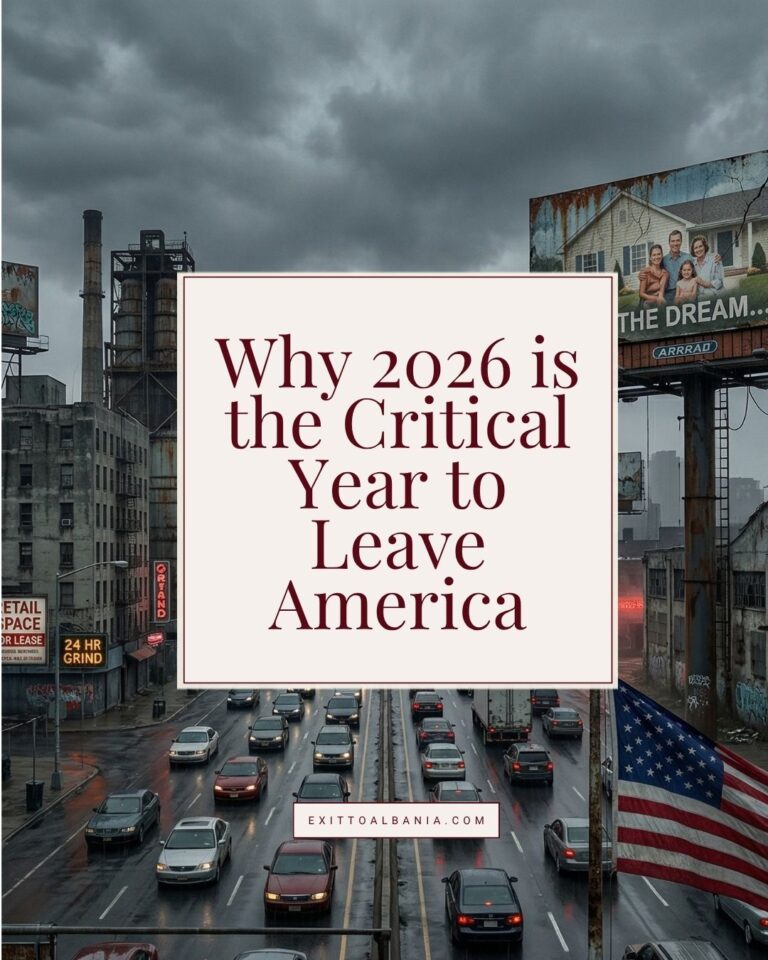 Graphic showing a gloomy American cityscape with heavy traffic and the text "Why 2026 is the Critical Year to Leave America.