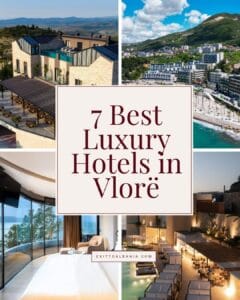 Collage of luxury hotels and resorts in Vlore, Albania with sea views, modern rooms, and waterfront accommodations