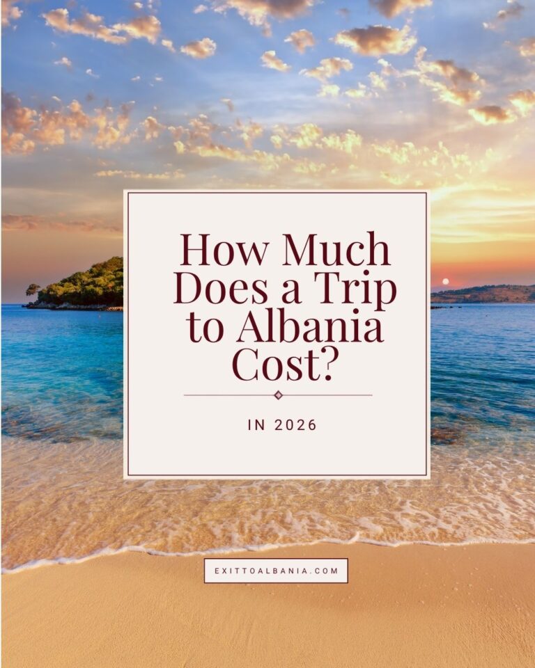 Graphic for an Albania travel cost guide showing a beach sunset with the text “How Much Does a Trip to Albania Cost? In 2026