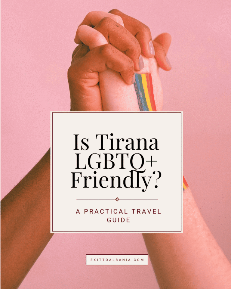 Two hands held together with a small rainbow icon, featuring the text overlay "Is Tirana LGBTQ+ Friendly? A Practical Travel Guide" for Exit to Albania.
