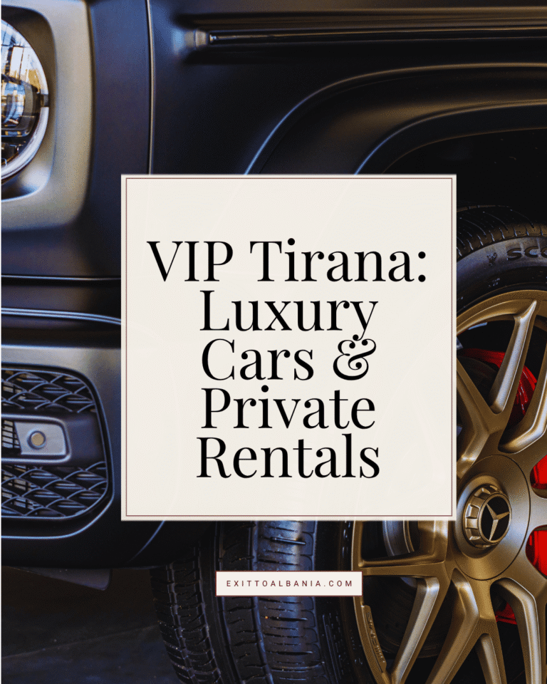 A close-up detail of a luxury car with the text overlay "VIP Tirana: Luxury Cars & Private Rentals" for an Exit to Albania transportation guide.