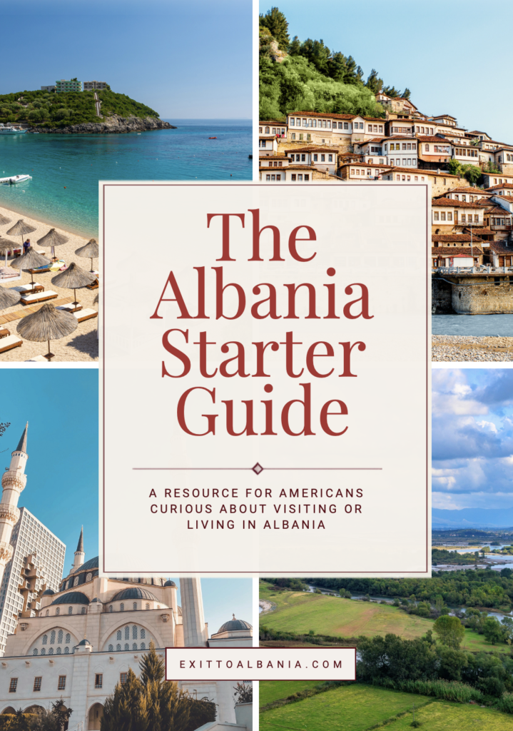 a 4 photo collage with scenes from albania and a label called "the albania starter guide"