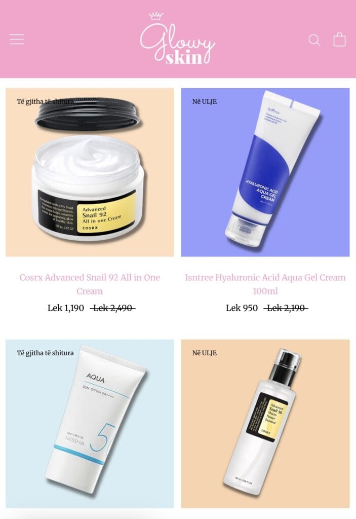 Website layout screenshot displaying skincare product listings under a banner titled Glowing Skin.