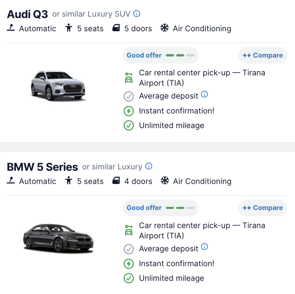 Luxury car rental options available in Tirana, Albania