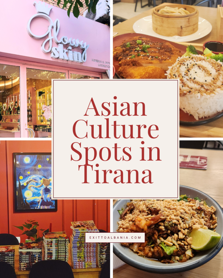 A collage of diverse dishes and restaurant interiors with the text overlay "Asian Culture Spots in Tirana" for an Exit to Albania dining guide.