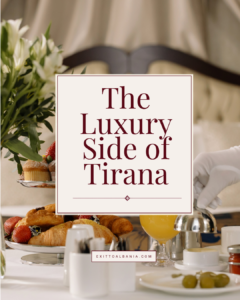 Graphic for a luxury Tirana travel guide showing an elegant hotel breakfast with pastries, flowers, orange juice, and the text “The Luxury Side of Tirana.