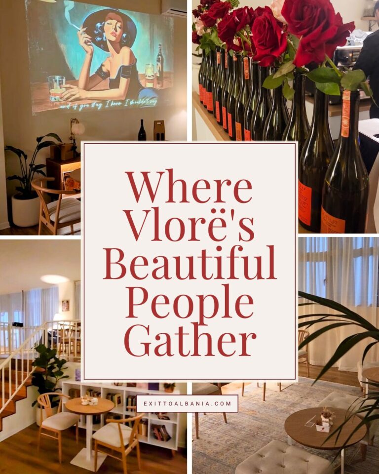 Collage-style travel editorial graphic featuring the stylish interior of 11 Brunch in Vlorë, Albania. Warmly lit café spaces with modern Scandinavian-inspired furniture, curated artwork, movie night projections, wine bottles decorated with red roses, and cozy social seating areas. Centered text reads “Where Vlorë's Beautiful People Gather,” highlighting the café's reputation as a popular gathering place for creatives, expats, and stylish locals. Featured on ExitToAlbania.com.