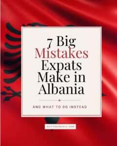 Pinterest graphic titled 7 Big Mistakes Expats Make in Albania on a red background featuring the double-headed eagle design