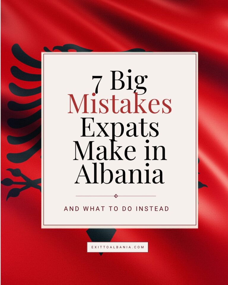 Pinterest graphic titled 7 Big Mistakes Expats Make in Albania on a red background featuring the double-headed eagle design