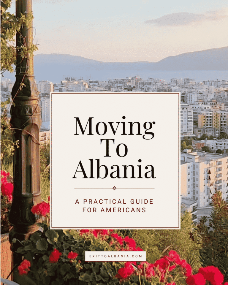 A scenic view of an Albanian cityscape with a text overlay for an Exit to Albania guide titled "Moving To Albania: What to Know."