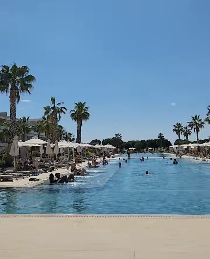 Resort pool scene with people swimming and lounging along the edge under white umbrellas, palm trees lining the pool area under a clear blue sky.