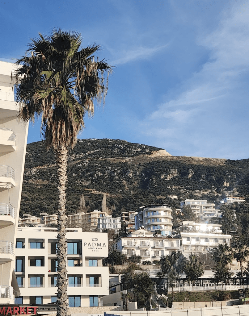 A scene from the Lungomare in Vlore albania showing a few hotels, palm trees, and mountains