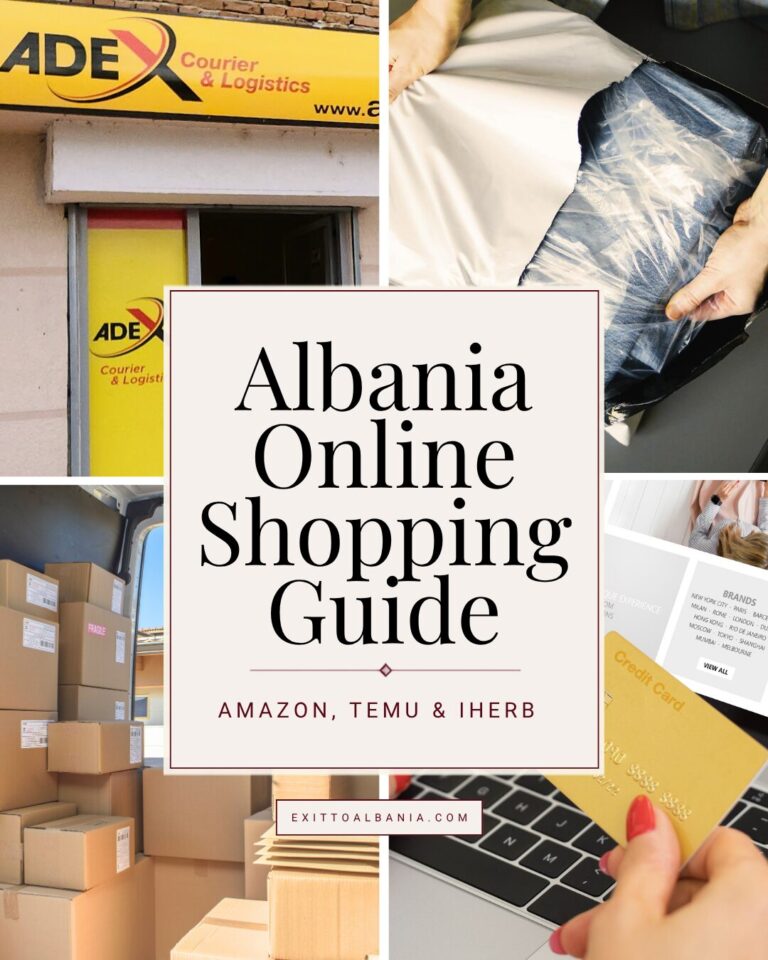 Collage graphic titled Albania Online Shopping Guide featuring delivery boxes, online payments, and courier services