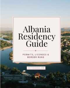Guide cover titled Albania Residency Guide set over an aerial view of a river running through an Albanian city