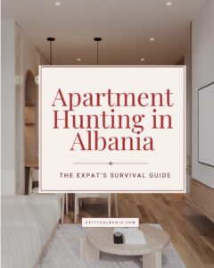 Minimalist modern apartment interior with overlay text reading "Apartment Hunting in Albania: The Expat's Survival Guide" from ExitToAlbania.com