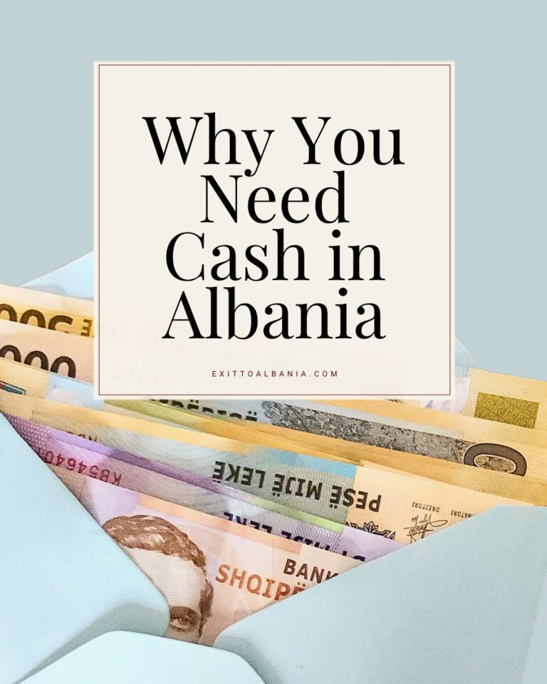 A fan of Albanian Lek banknotes tucked into a light blue envelope against a muted blue background. A central cream-colored square features bold black text that reads "Why You Need Cash in Albania," with the website "exittoalbania.com" printed in small red letters below.