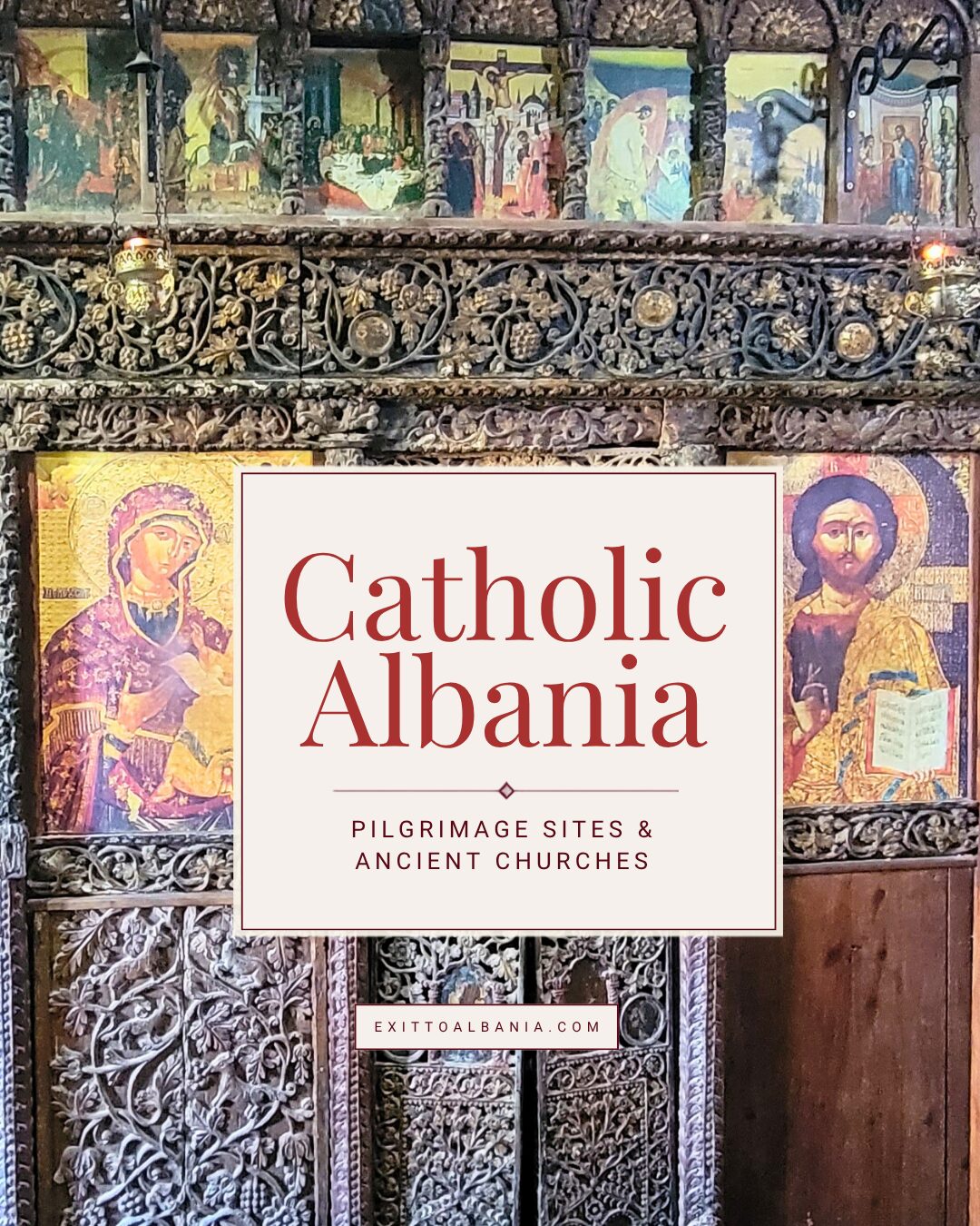 Cover graphic for a guide to Catholic churches and pilgrimage sites in Albania