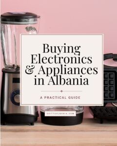 Graphic guide cover titled "Buying Electronics & Appliances in Albania" featuring a kitchen blender and waffle maker.