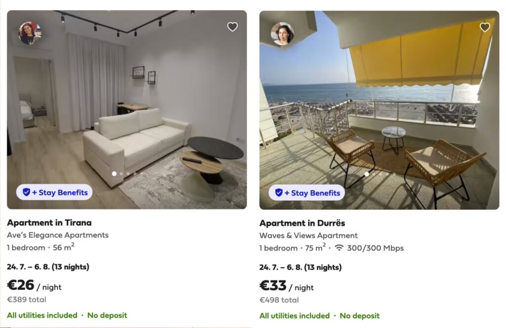 Screenshots of rental apartment listings in Tirana and Durrës on the Flatio housing platform.