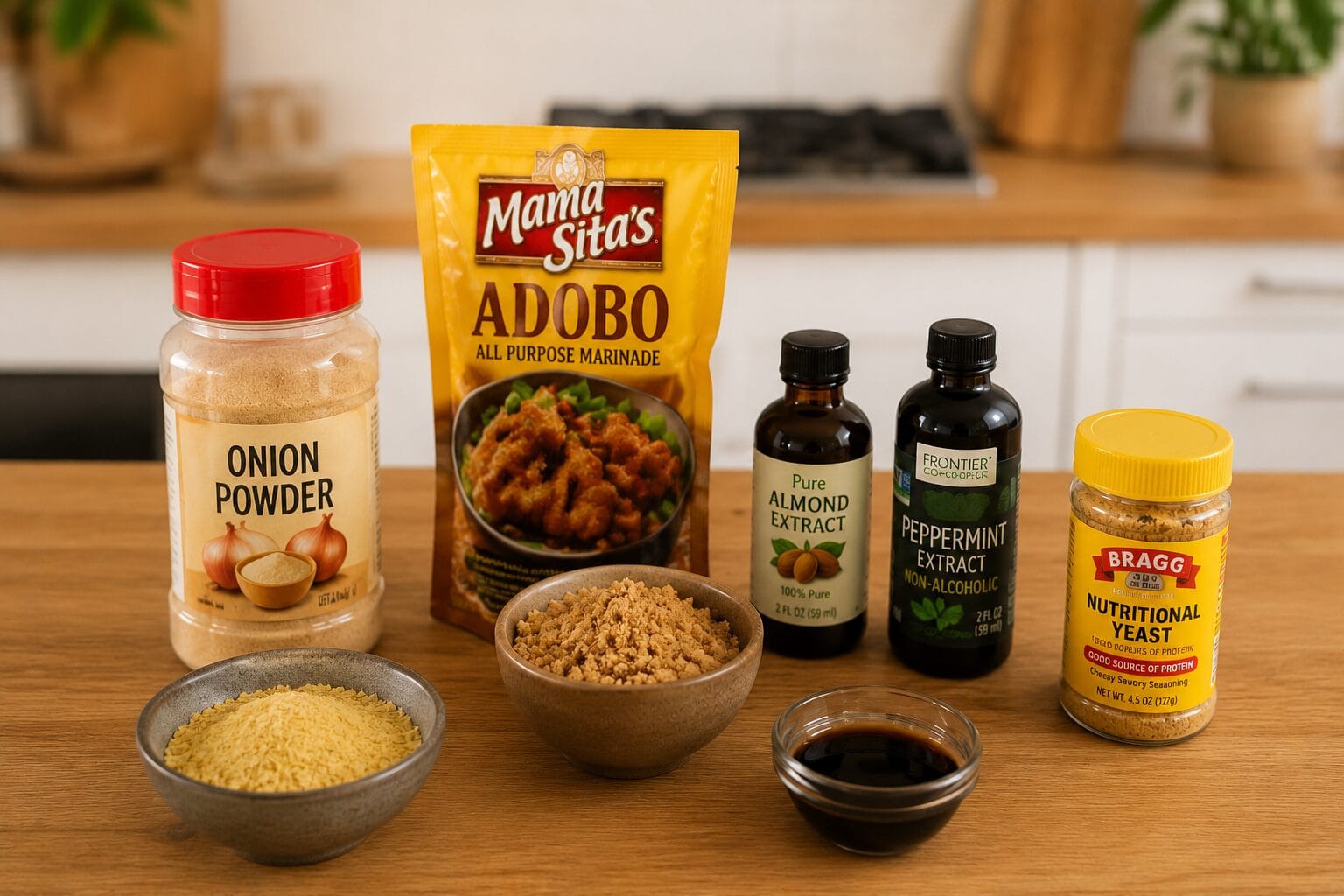 American pantry staples and seasonings including adobo, onion powder, Worcestershire sauce, and spices available in Albania.