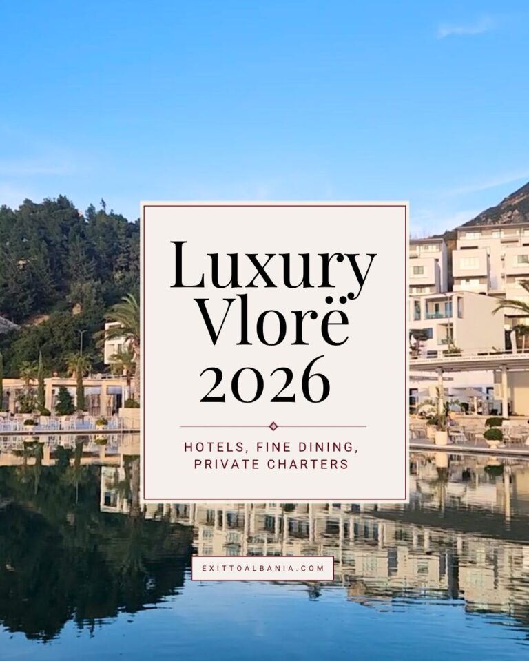 Article cover graphic titled "Luxury Vlorë 2026" overlaid on a scenic shot of a coastal resort reflecting on water.