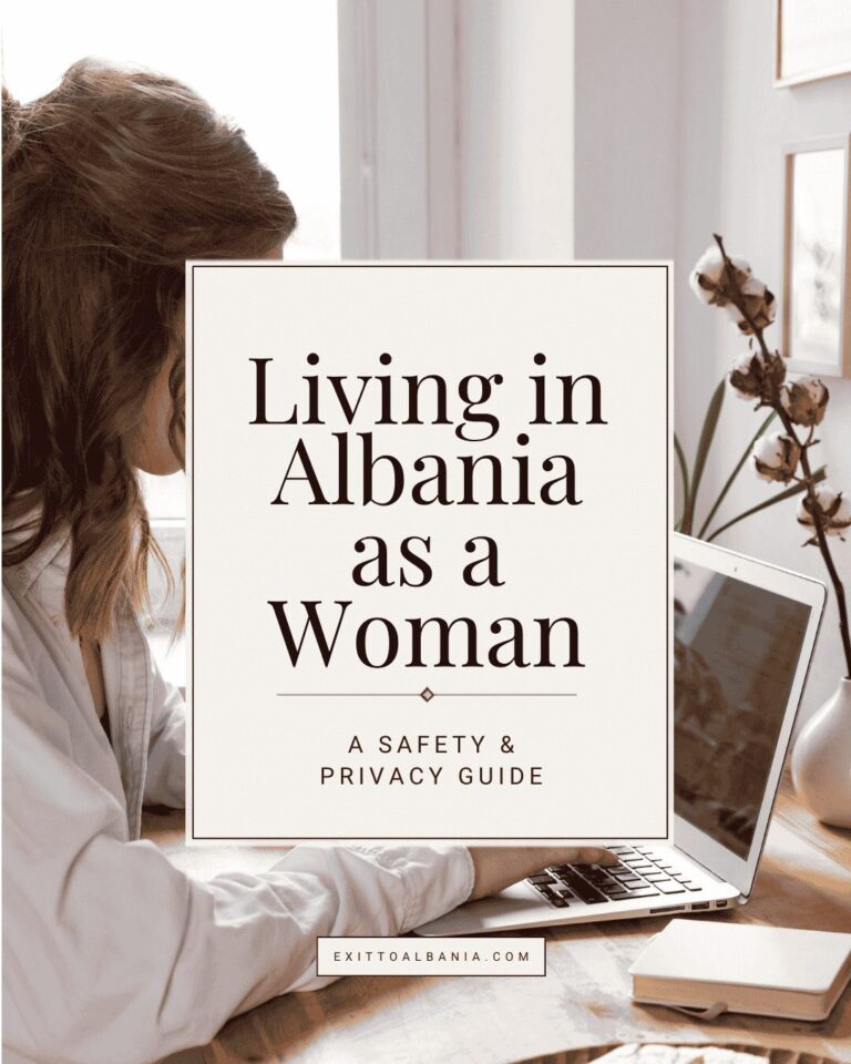 A woman working on a laptop with the text overlay "Living in Albania as a Woman: Managing Privacy and Prying Eyes" for an Exit to Albania article