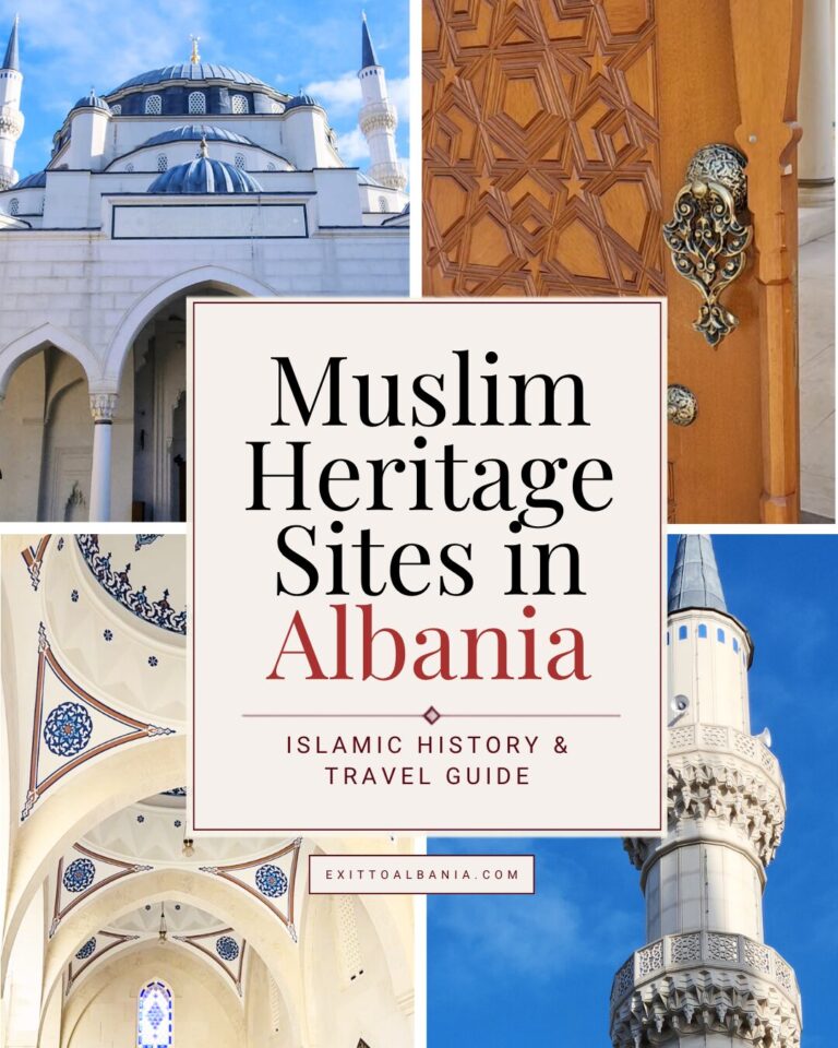 Pinterest graphic reading "Muslim Heritage Sites in Albania" featuring mosques and Islamic architecture across Albania.