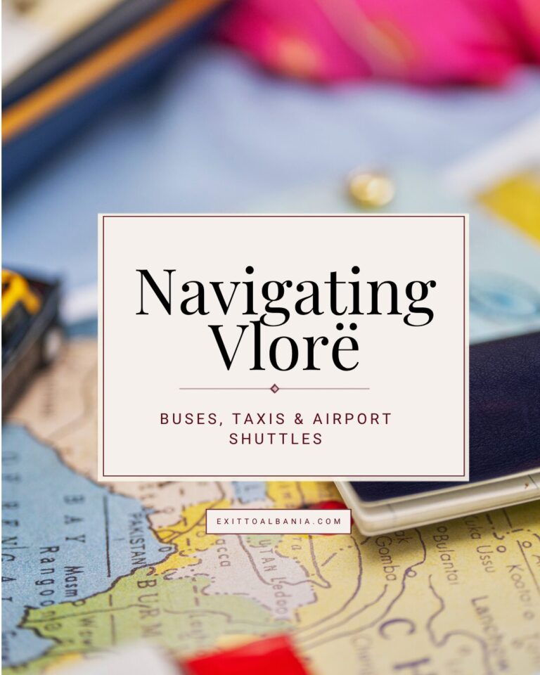 Transport guide cover titled Navigating Vlorë set over a map background with keys and glasses.