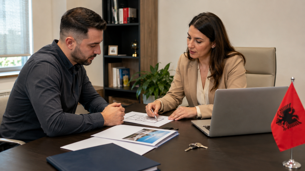 Property buyer reviewing documents with an Albanian real estate professional