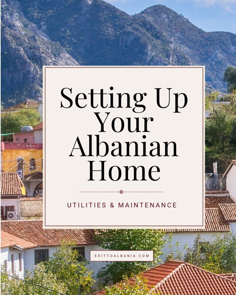 Guide cover titled Setting Up Your Albanian Home with a background of traditional red-tiled roof houses.