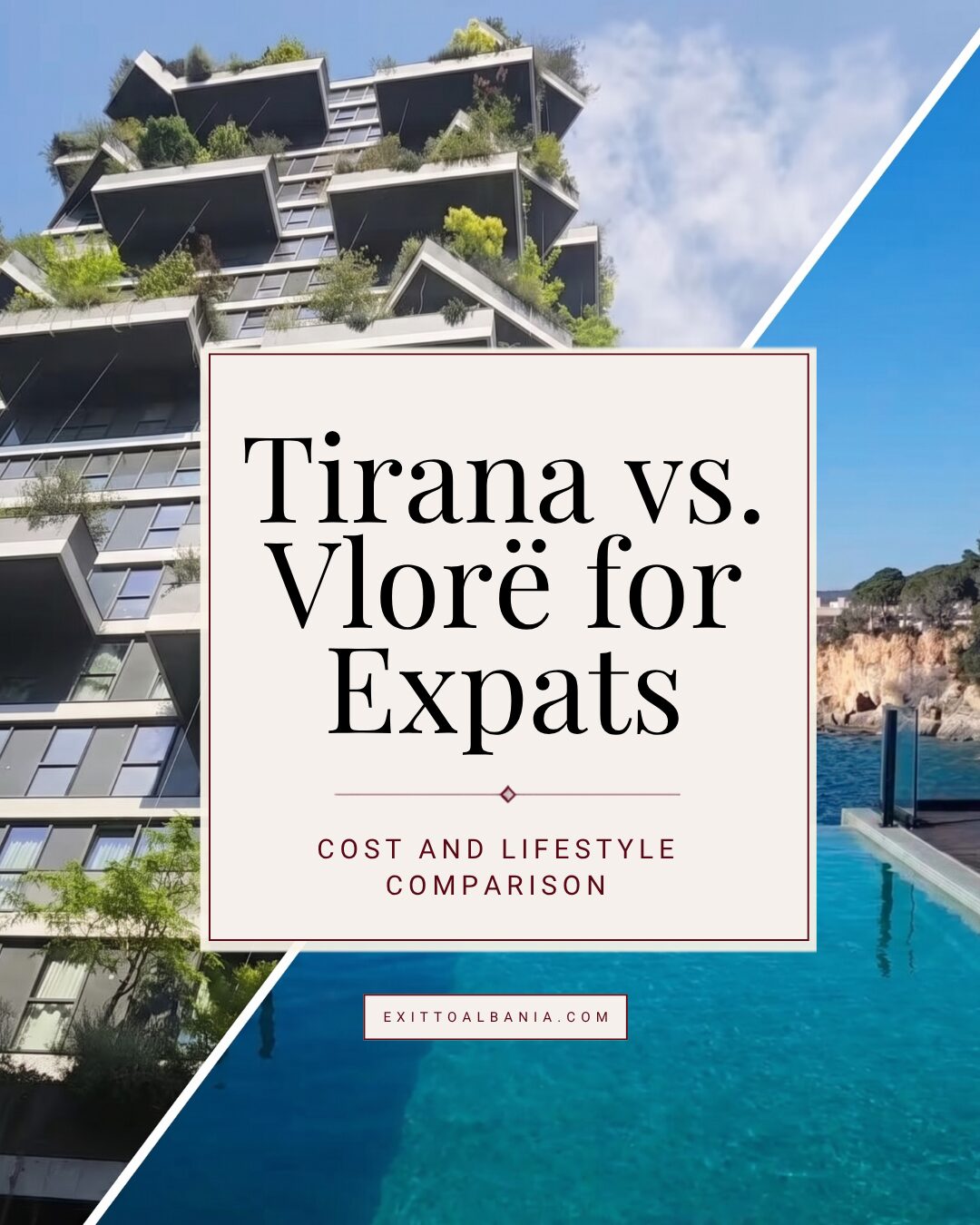 Article cover graphic titled "Tirana vs. Vlorë for Expats" featuring a diagonal split of a modern building and a coastal infinity pool