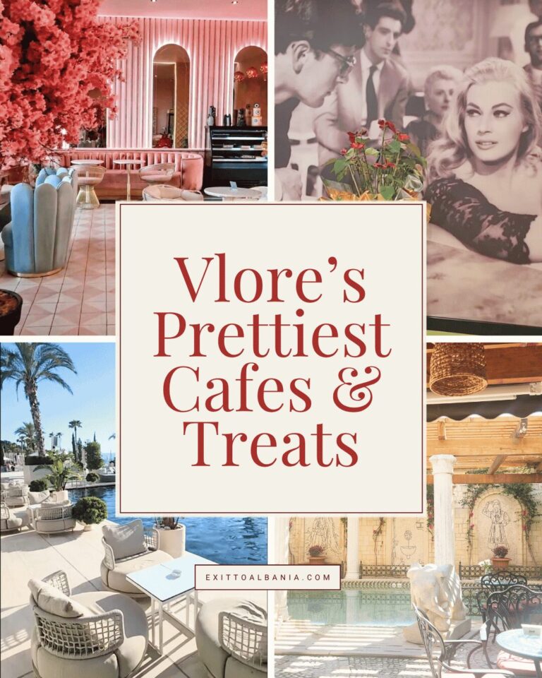 A collage of aesthetic cafe interiors and outdoor terraces in Vlorë with the text overlay "Vlorë’s Prettiest Cafés & Treats" for an Exit to Albania feature.