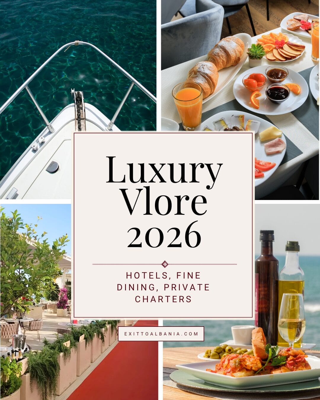 Pinterest graphic promoting luxury experiences in Vlorë, Albania including hotels, dining, and private charters