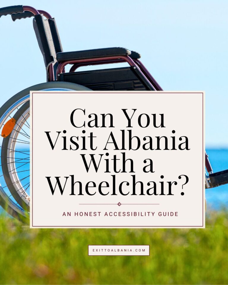 Pinterest graphic reading "Can You Visit Albania With a Wheelchair?" featuring a wheelchair beside the Albanian coast.
