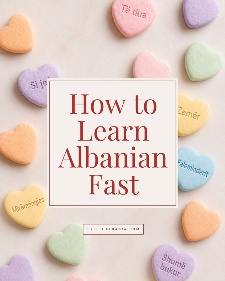 “How to Learn Albanian Fast” cover surrounded by pastel hearts with Albanian phrases