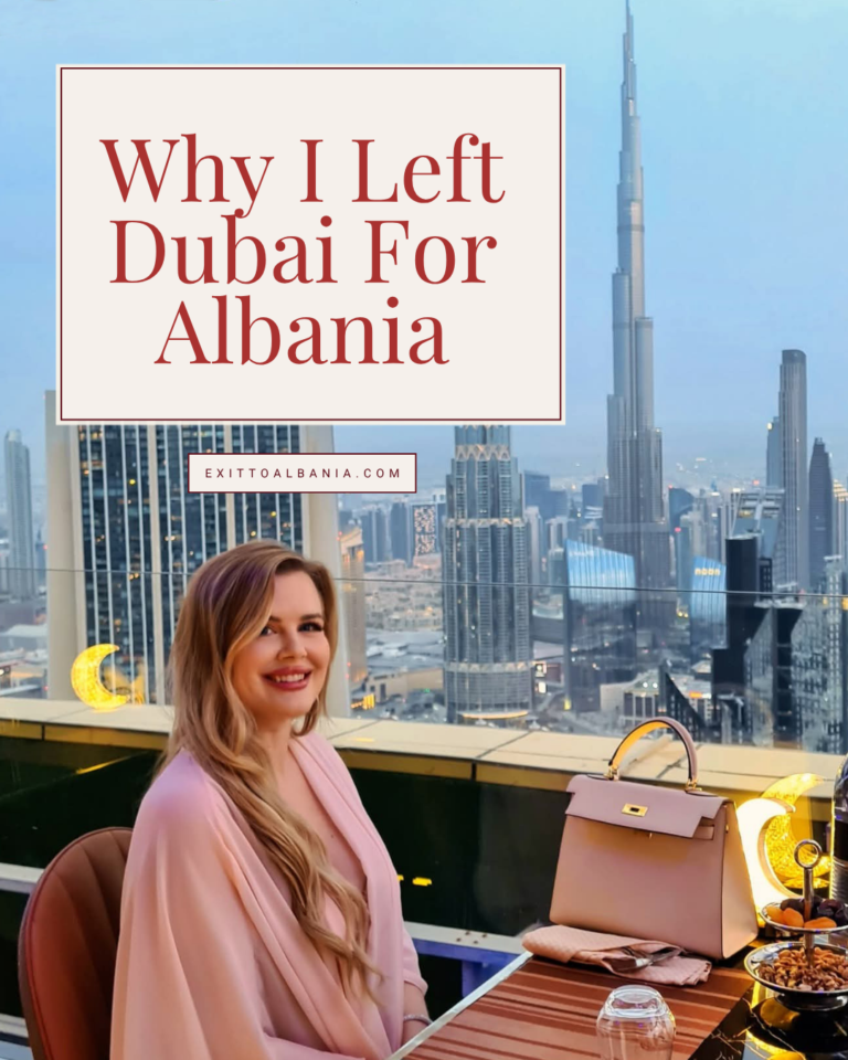 Cover for “Why I Left Dubai for Albania” featuring Natalie overlooking the Dubai skyline