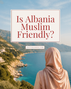 Is Albania Muslim Friendly article cover with a hijabi woman overlooking the Albanian Riviera