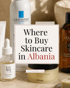 Where to Buy Skincare in Albania article cover with European and Korean skincare products