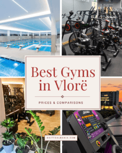 Collage of swimming pools and gym equipment titled “Best Gyms in Vlorë: Prices & Comparisons