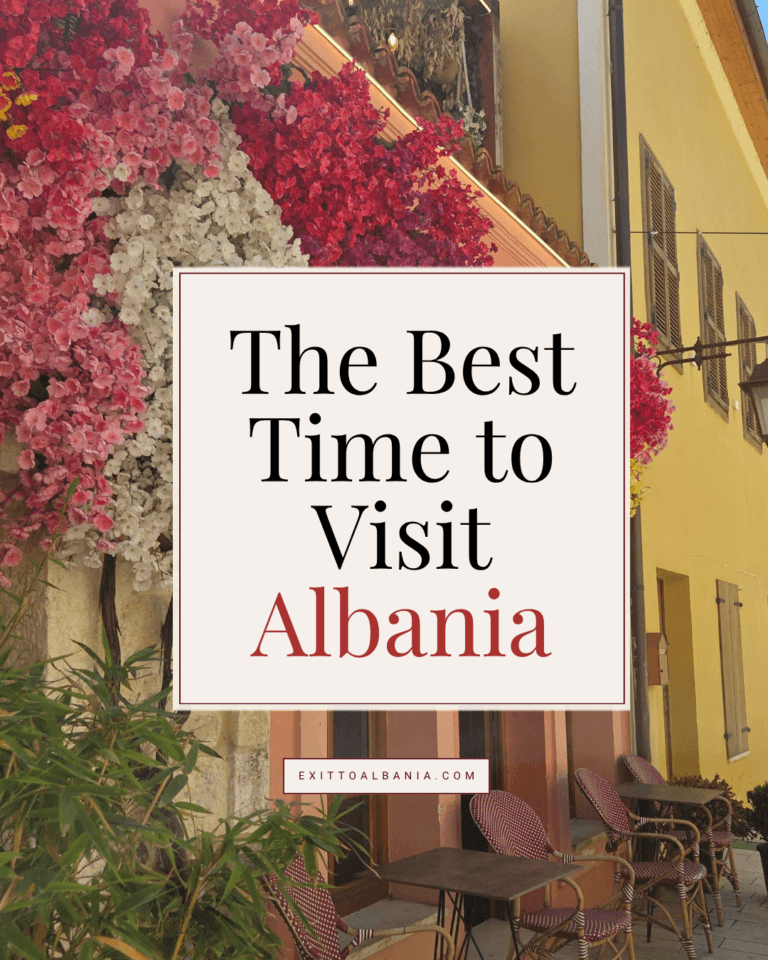 The Best Time to Visit Albania title graphic overlaying a scenic street view of a yellow building adorned with vibrant pink and white floral displays and outdoor cafe seating.