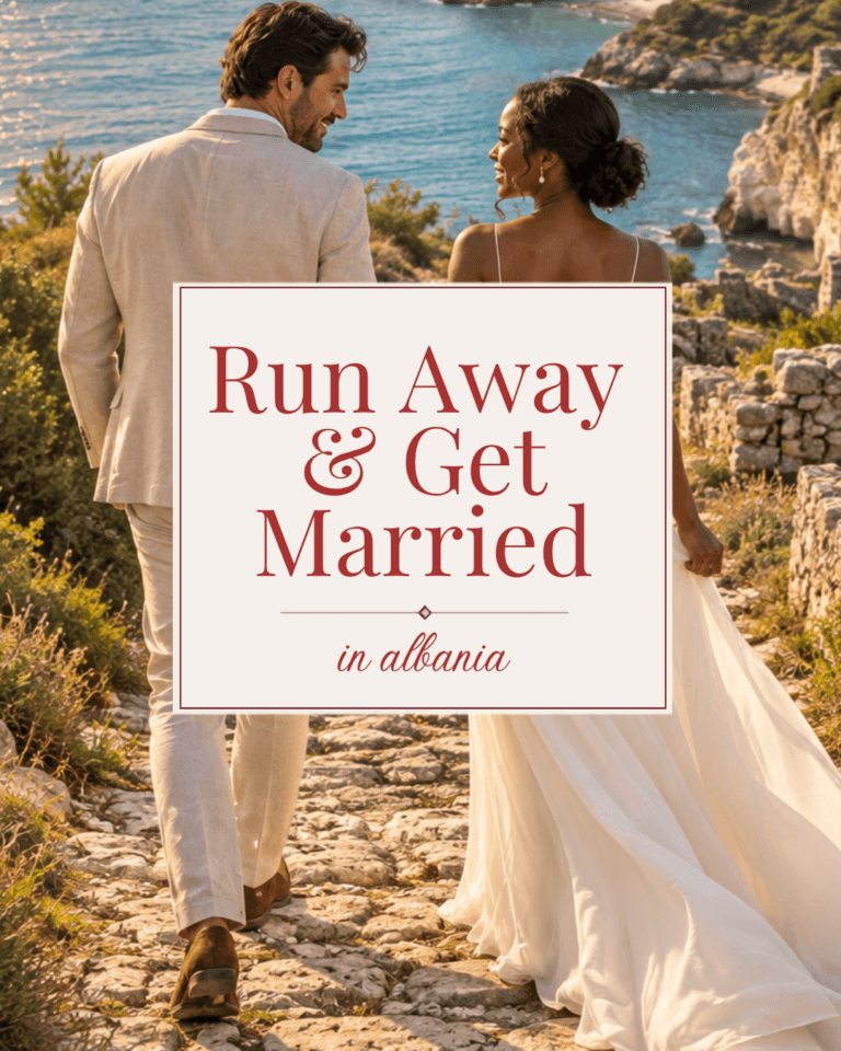 Couple on a coastal path beneath the title “Run Away & Get Married in Albania.”