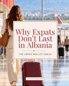 Airport scene with a woman and suitcase, titled “Why Expats Don’t Last in Albania: The Expat Reality Check.”