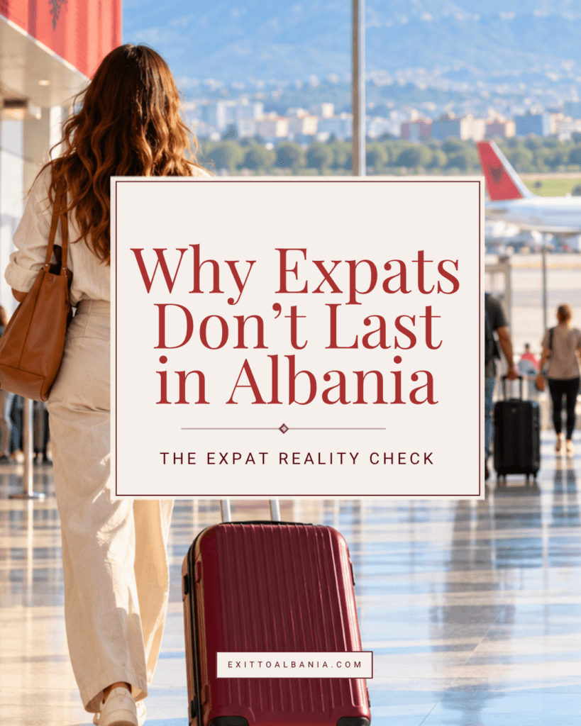 Airport scene with a woman and suitcase, titled “Why Expats Don’t Last in Albania: The Expat Reality Check.”