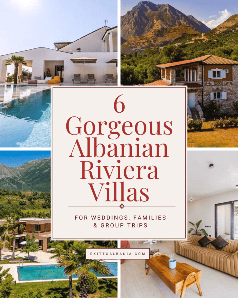 Villa collage titled “6 Gorgeous Albanian Riviera Villas” for weddings, families and group trips.