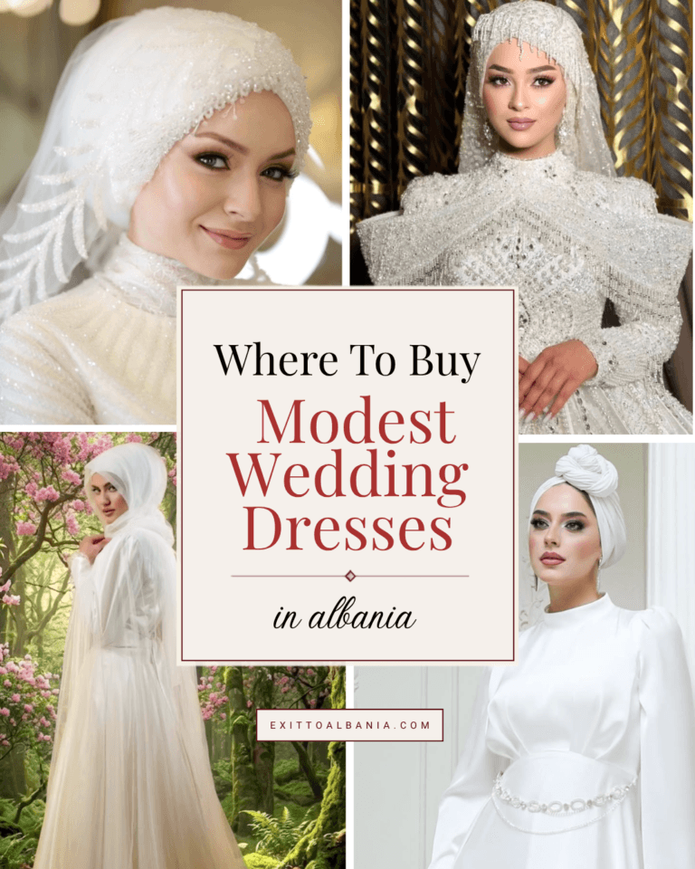 Bridal collage titled “Where to Buy Modest Wedding Dresses in Albania.”