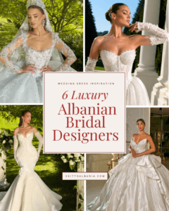 Collage of four models wearing luxurious Albanian wedding dresses with embellished corsets, lace sleeves, sparkling ball gowns and fitted mermaid silhouettes.