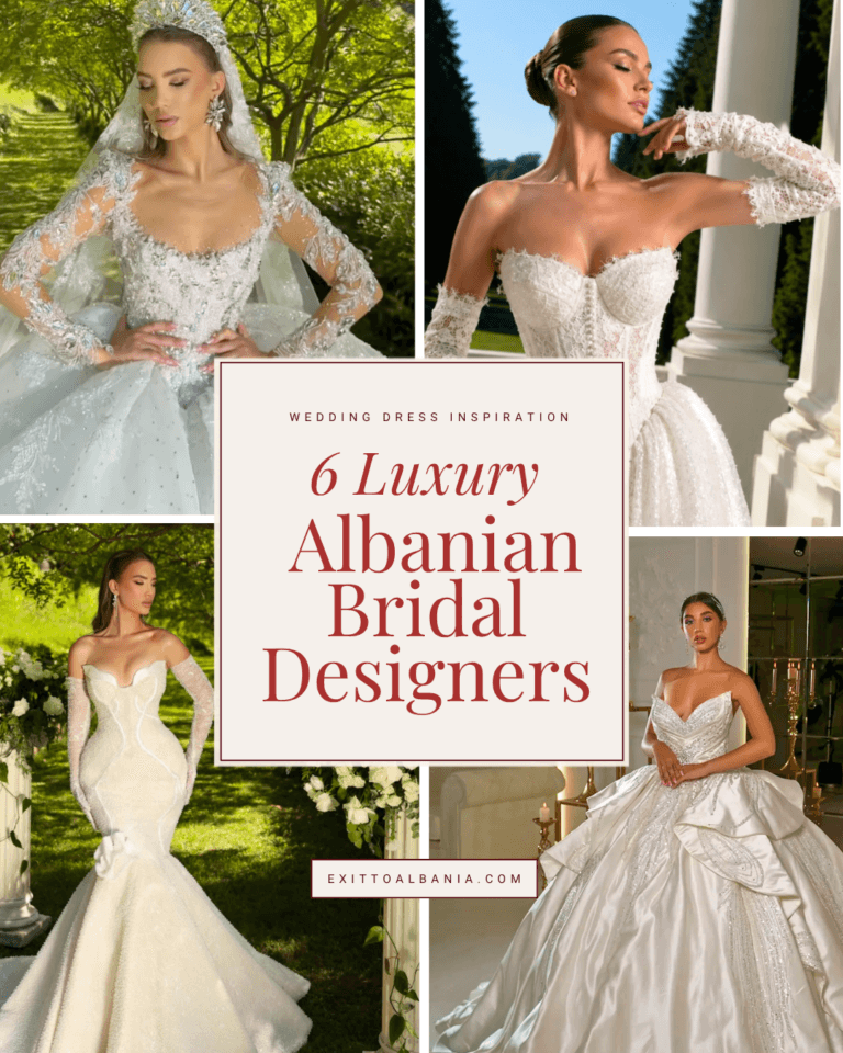 Collage of four models wearing luxurious Albanian wedding dresses with embellished corsets, lace sleeves, sparkling ball gowns and fitted mermaid silhouettes.